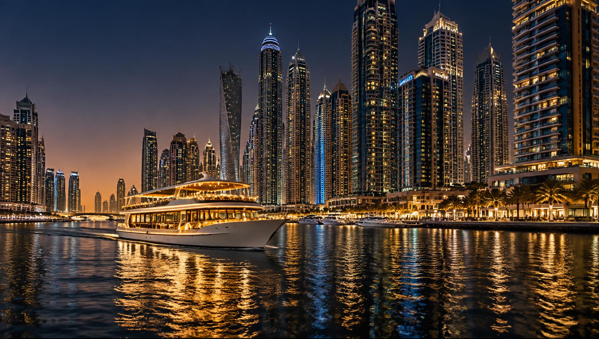 Illustrative scene: an illuminated dinner-cruise boat on calm water in front of a lit high-rise waterfront at dusk.