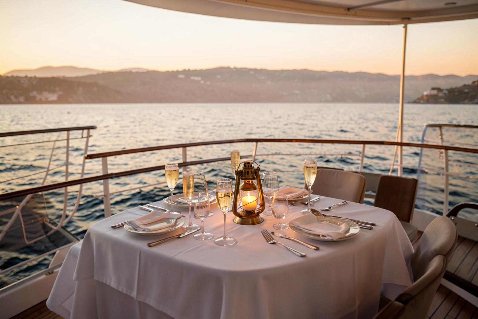 Illustrative scene: a linen-set dining table with a brass lantern on the open deck of a small boat at sunset.